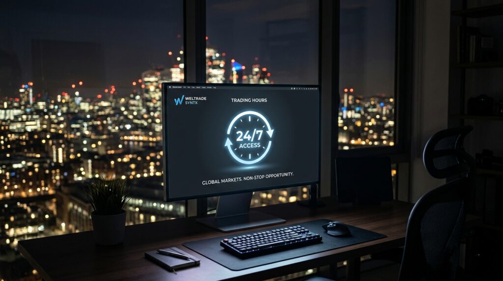 A modern desk with a computer displays “Weltrade SyntX Trading Hours 24/7 Access” against a cityscape at night, showing skyscrapers with bright lights through large windows.