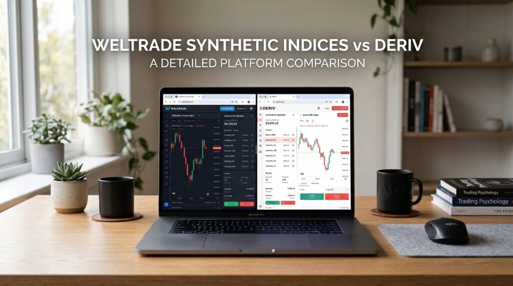 A laptop on a desk displays trading platforms for Weltrade and Deriv side by side, perfectly capturing the comparison of weltrade synthetic indices vs deriv. The screen shows financial charts, while two mugs and office items are neatly arranged on the desk. Text above reads, “WELTRADE SYNTHETIC INDICES vs DERIV.”.