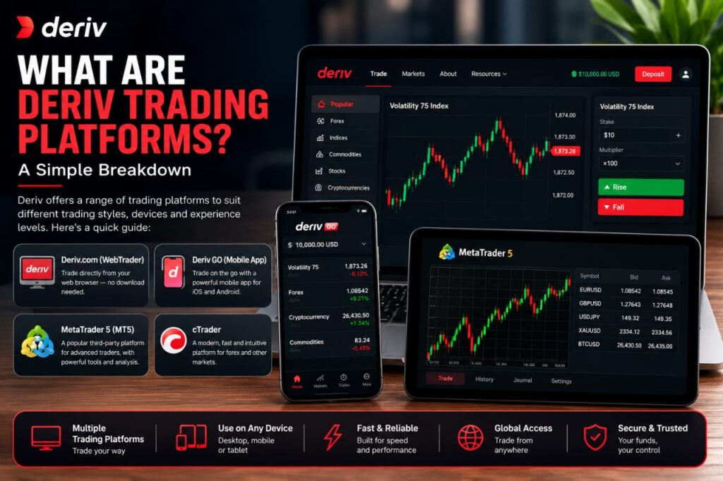 Deriv trading platforms are shown on a laptop, tablet, and phone with financial charts on screen. Text highlights features and provides a simple breakdown of different Deriv platform options and their benefits, helping you decide which Deriv platform to use. Whether you’re comparing Deriv Trader vs MT5 or exploring all available choices, this overview guides you toward the ideal platform for your trading needs.