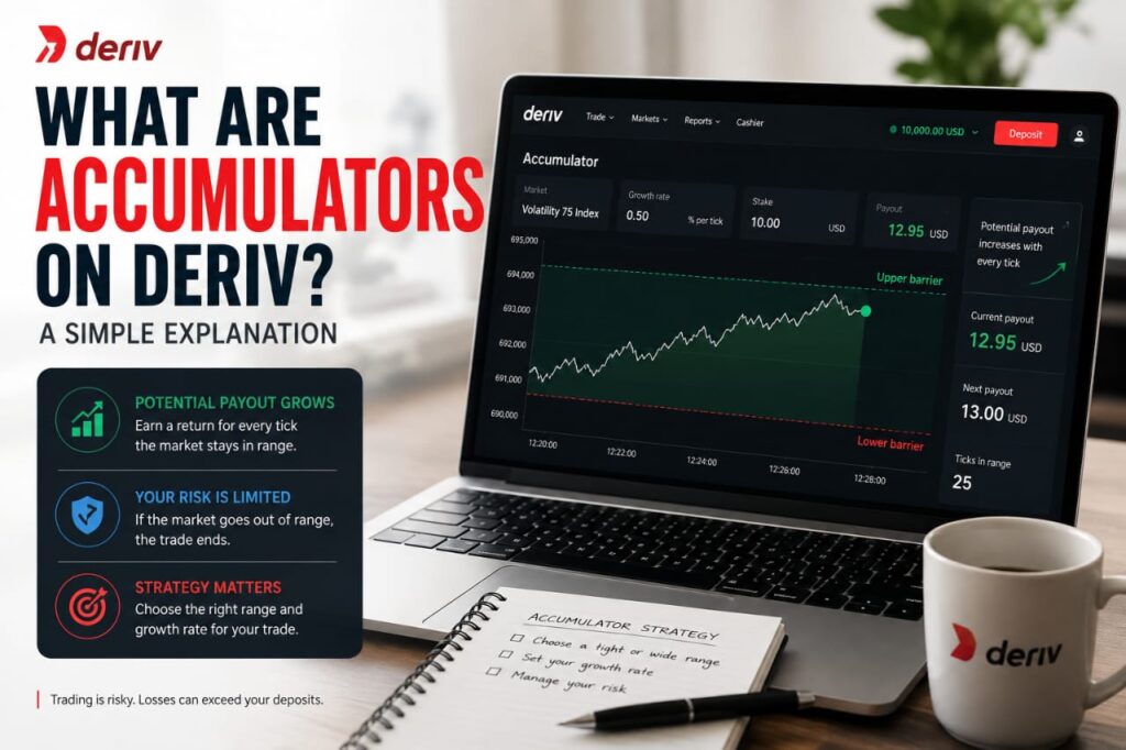 A laptop on a desk displays a Deriv trading screen with an accumulator chart. Text explains what are Deriv accumulators: growing payout, limited risk, and importance of strategy. A notepad and coffee cup are also on the desk.