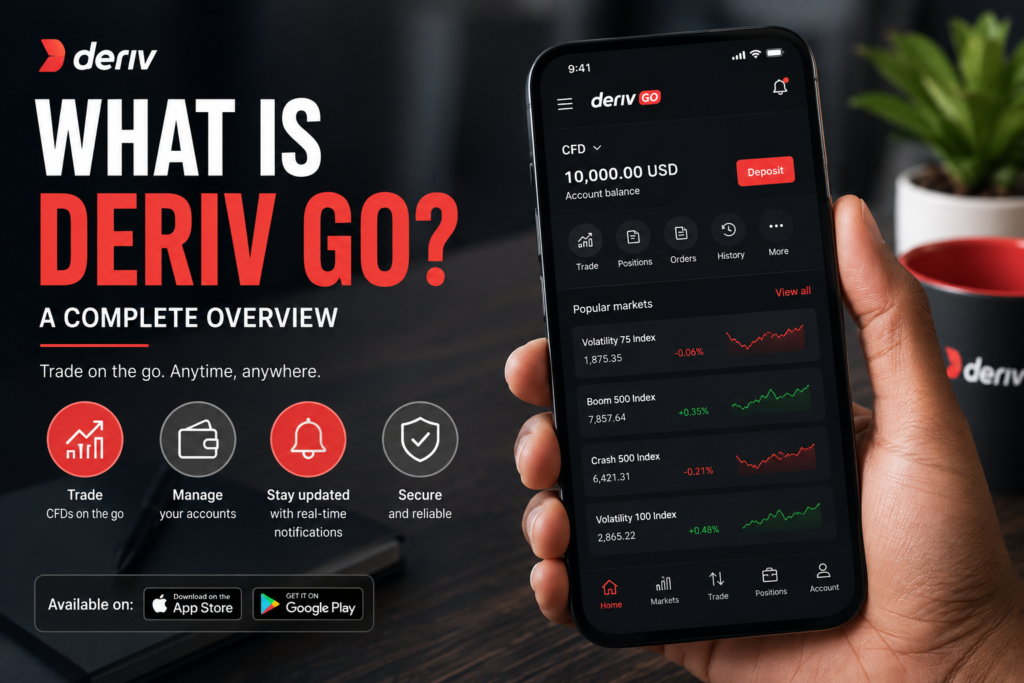A hand holding a phone displaying the Deriv GO trading app. Text reads “What is Deriv Go? A complete overview.” Icons and app store logos are visible, highlighting where to download the app. A cup and pen are on the table in the background, setting the scene for this Deriv GO overview that invites users to discover key features of the platform.