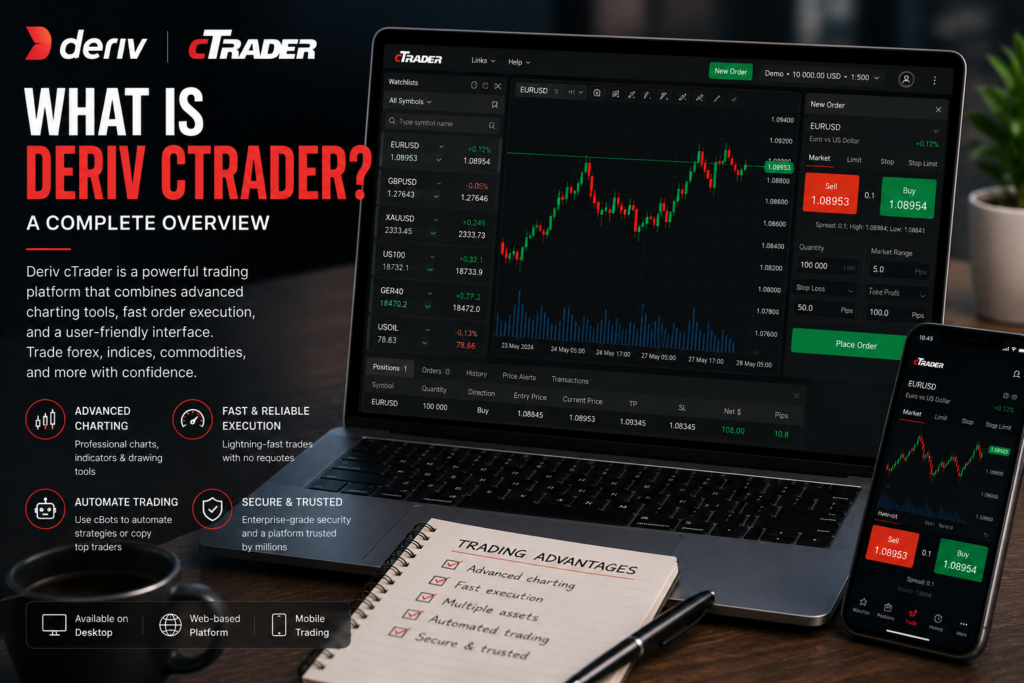 A laptop and smartphone display the Deriv cTrader trading platform, highlighting what is Deriv cTrader through on-screen text that describes its advantages. Feature icons and a notepad listing key benefits are also visible. A potted plant, lamp, and pen sit on the desk in this modern workspace.