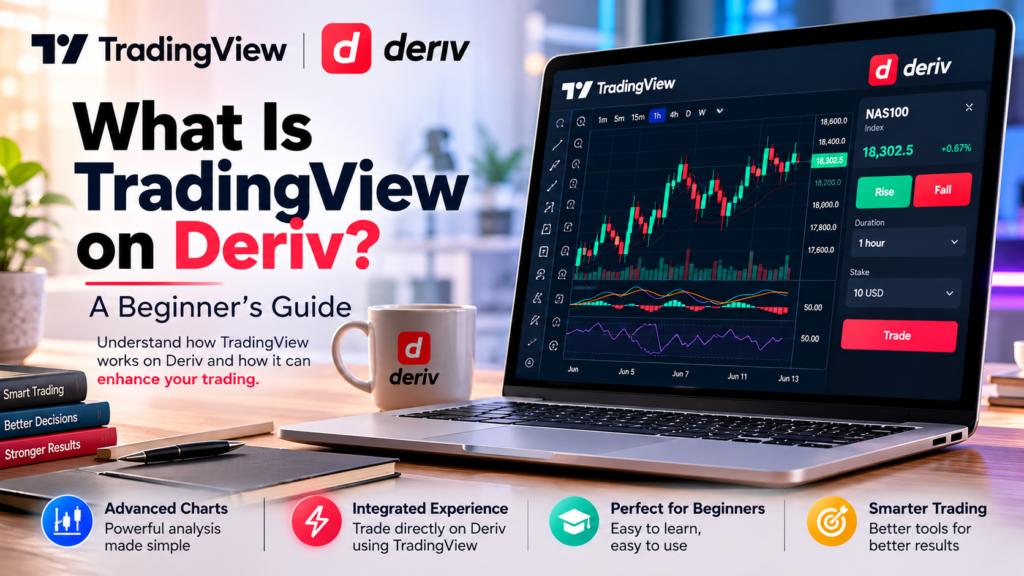 A laptop displaying a TradingView chart on the Deriv platform, with highlighted features like advanced charts, easy registration, smarter trading, and an integrated experience. Text explains What is TradingView on Deriv for beginners.