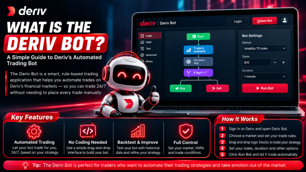 A promo graphic for Deriv Bot features a robot mascot, a laptop displaying the bot interface, and highlights of its key features and steps on how the automated trading bot works. With bold red, black, and white color scheme, it instantly answers “what is the Deriv Bot” by visually showcasing its user-friendly design and powerful automation capabilities.