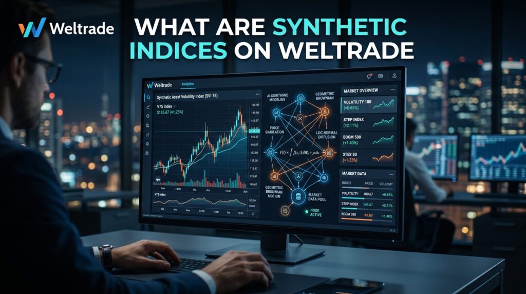 A person in a suit views charts and diagrams labeled “Synthetic Indices” on a large computer monitor at an office desk, with the text “What are synthetic indices on Weltrade” displayed above, highlighting an exploration into what synthetic indices on Weltrade entail.