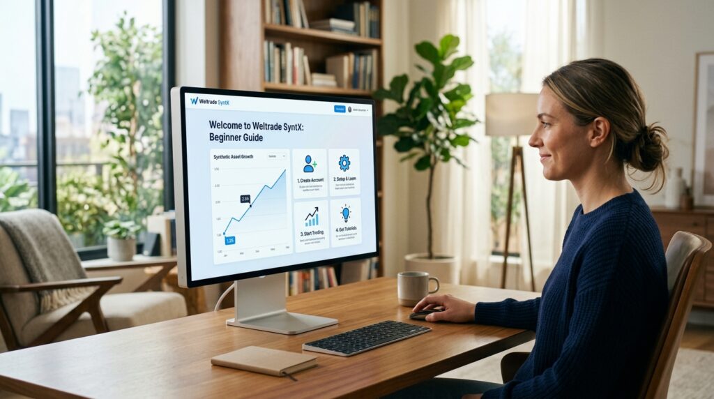 A woman sits at a desk in a home office, smiling at a computer screen displaying a beginner guide with charts and icons—perhaps even searching “what is Weltrade Syntx account?” as she learns more about trading. There are shelves, plants, and a window in the background.