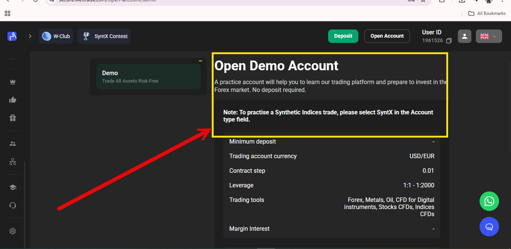 Screenshot of a trading platform’s “Open Demo Account” screen with account details in a yellow box and a red arrow pointing to the “Demo” option on the left menu. The interface highlights options for creating an MT5 SyntX account, allowing users to explore features such as Weltrade leverage synthetic before making a real-money commitment.