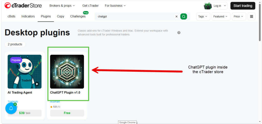 Screenshot of the cTrader Store desktop plugin page with a red arrow pointing to the “ChatGPT Plugin v1.0” card. The plugin is highlighted in green, showcasing how new plugins can enhance Deriv cTrader features and improve your trading experience.