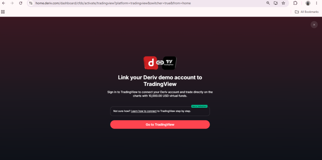 A browser window shows a prompt to link a Deriv demo account to TradingView, offering $10,000 USD virtual funds for practice with TradingView charts Deriv. Buttons for help and “Go to TradingView” are visible at the bottom.
