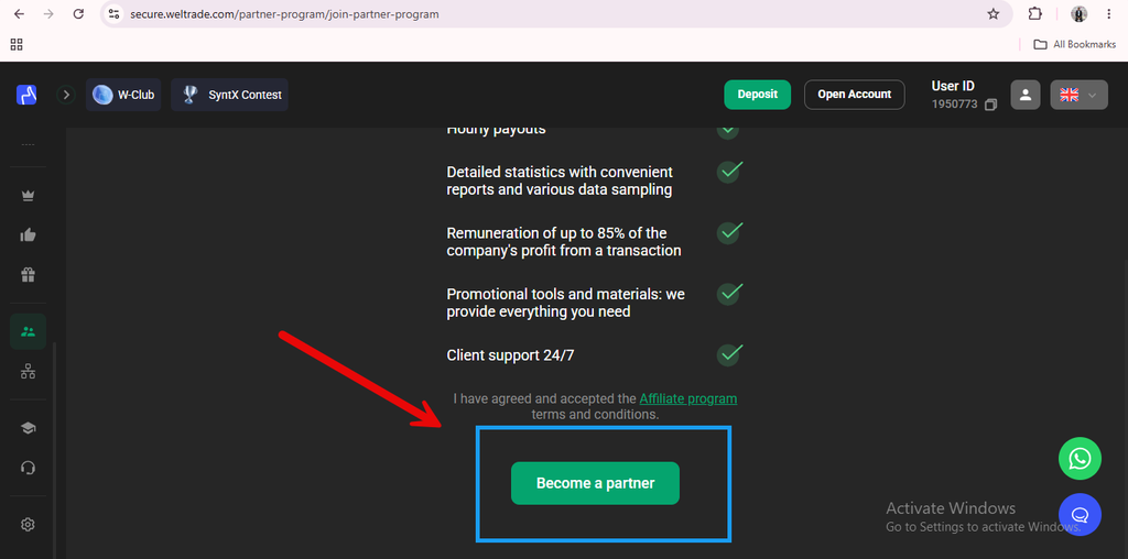 Screenshot of a webpage showing a “Become a partner” button highlighted in blue at the bottom; a red arrow points to the button. The background displays details about the Weltrade affiliate program and partner program benefits, along with a partially visible menu bar.