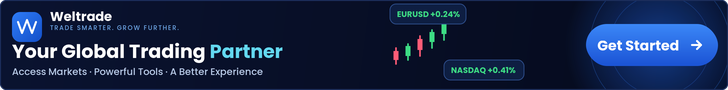 Banner ad for Welltrade featuring text: “Your Global Trading Partner,” a stock chart showing upward growth, and buttons saying “Get Started.” EUR/USD and NASDAQ display positive percentages. Set against a dark blue background with dynamic financial graphics, this ad highlights the powerful Weltrade SyntX account—offering innovative features and competitive leverage for synthetic trading.