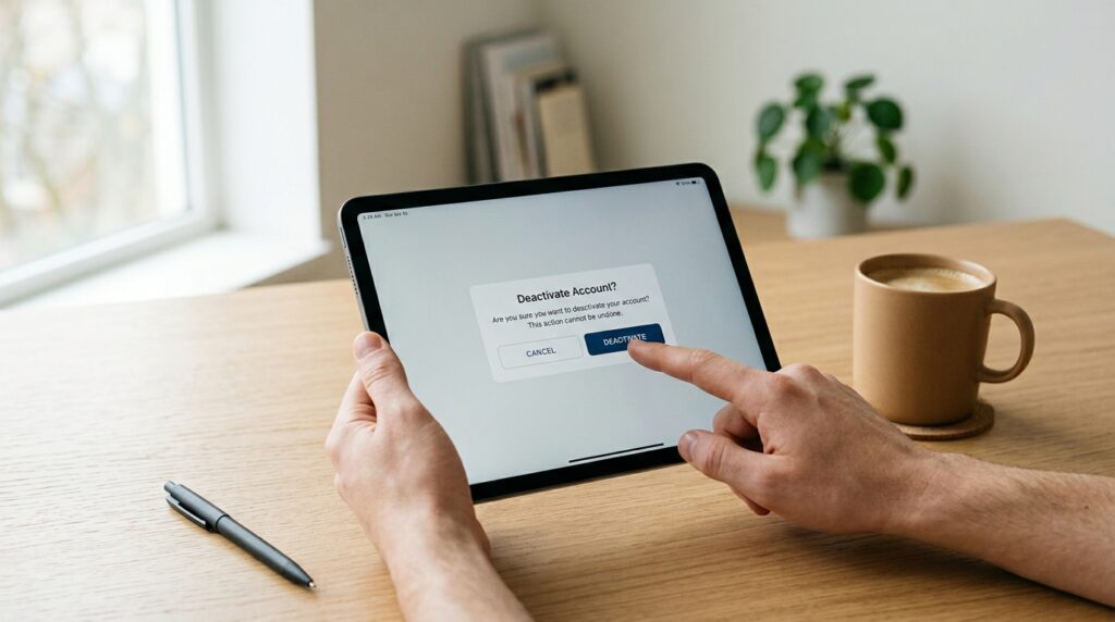 A person holds a tablet and taps a button on a pop-up message that says “Deactivate Account?” at a wooden desk with a pen nearby, illustrating the process of how to close or delete a Weltrade account.
