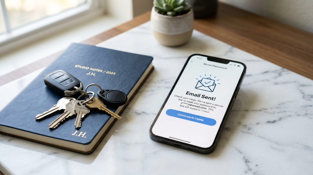 A smartphone displaying a “reset password” email sent confirmation sits on a marble desk next to a set of keys, a notebook labeled “STUDIO NOTES / 2023,” and a small potted succulent—illustrating in real time how to reset your weltrade password with ease.