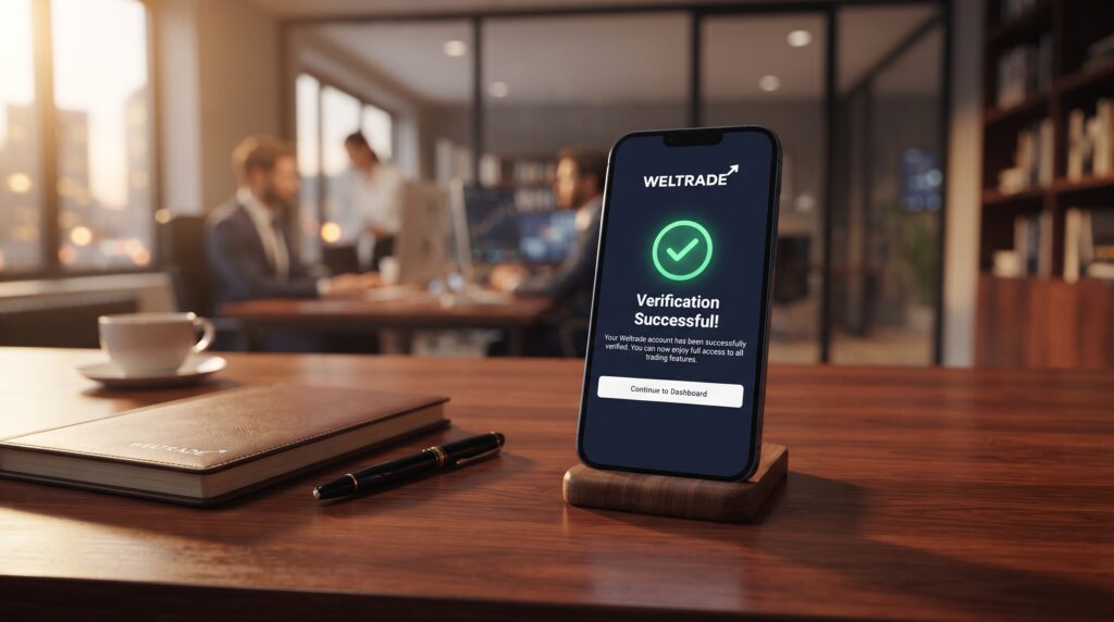 A smartphone on a desk displays a “Verification Successful!” message—demonstrating the ease of how to verify a Weltrade account. In the background, people work at computers in a glass-walled office, while a notebook and pen rest on the desk, ready for important notes.