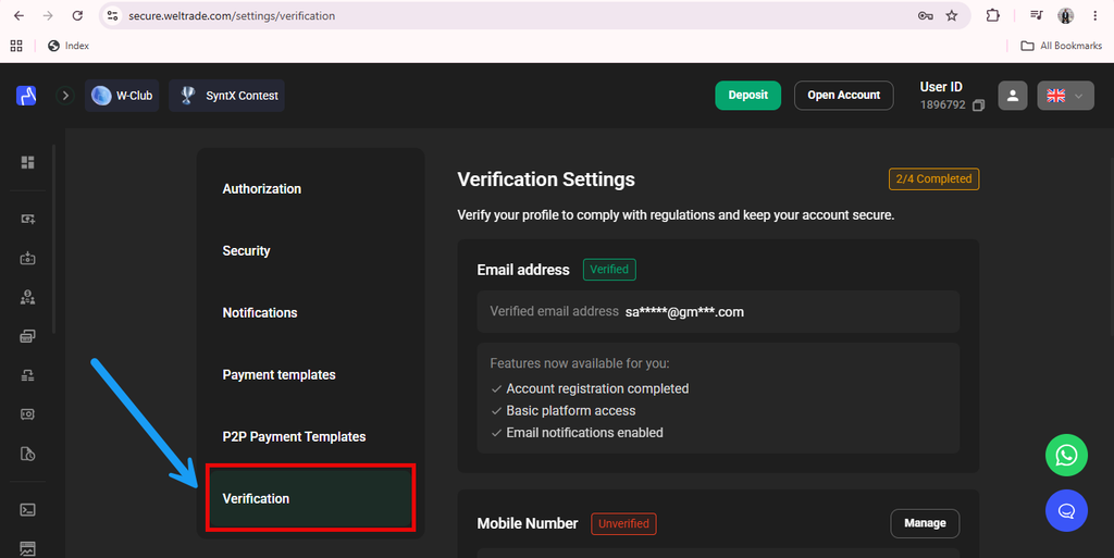A screenshot of a website’s Verification Settings page, highlighting the “Verification” menu option on the left. An arrow points to it. Email address is verified, while mobile number is shown as unverified.