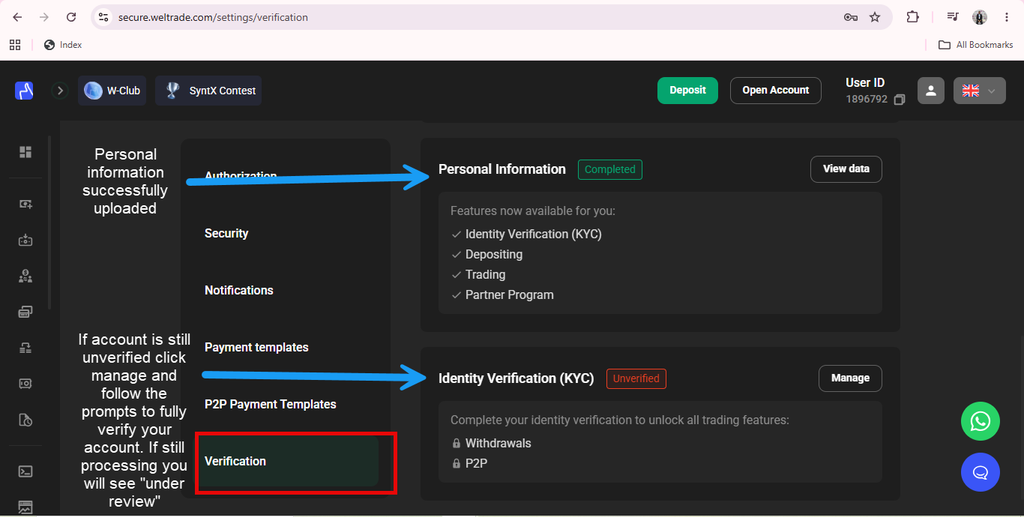 A screenshot of a verification page showing “Personal Information” as completed and “Identity Verification (KYC)” as unverified, with blue arrows and instructions for uploading documents and managing verification status.