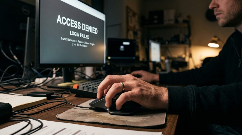 A person uses a computer at a desk; the screen displays “ACCESS DENIED LOGIN FAILED” due to an invalid username or password—an example of Weltrade login problems causes and solutions being addressed. Other office equipment and papers are visible.